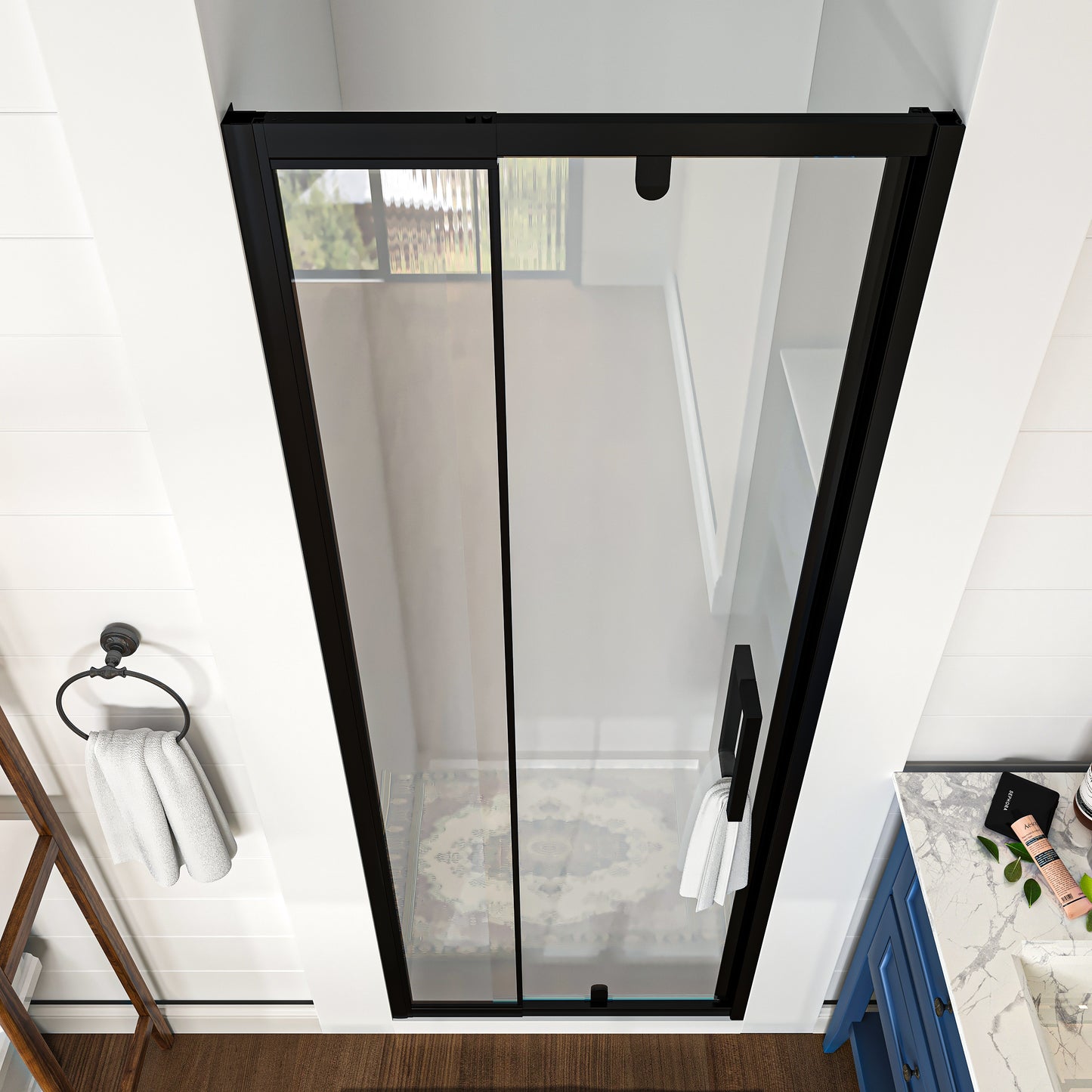 Waterper® 28 in. to 32 in. W x 72 in. H Framed Pivot Shower Door in Black with Clear Glass