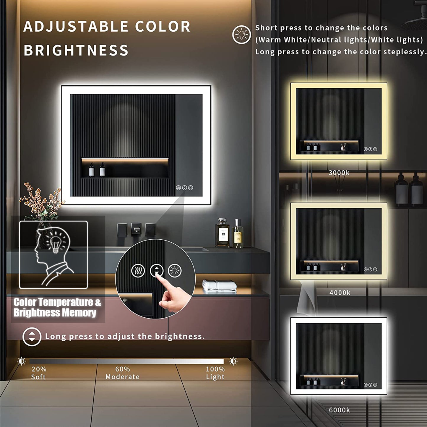 Waterpar® 40 in. W x 24 in. H Rectangular Framed Anti-Fog LED Wall Bathroom Vanity Mirror in Black with Backlit and Front Light