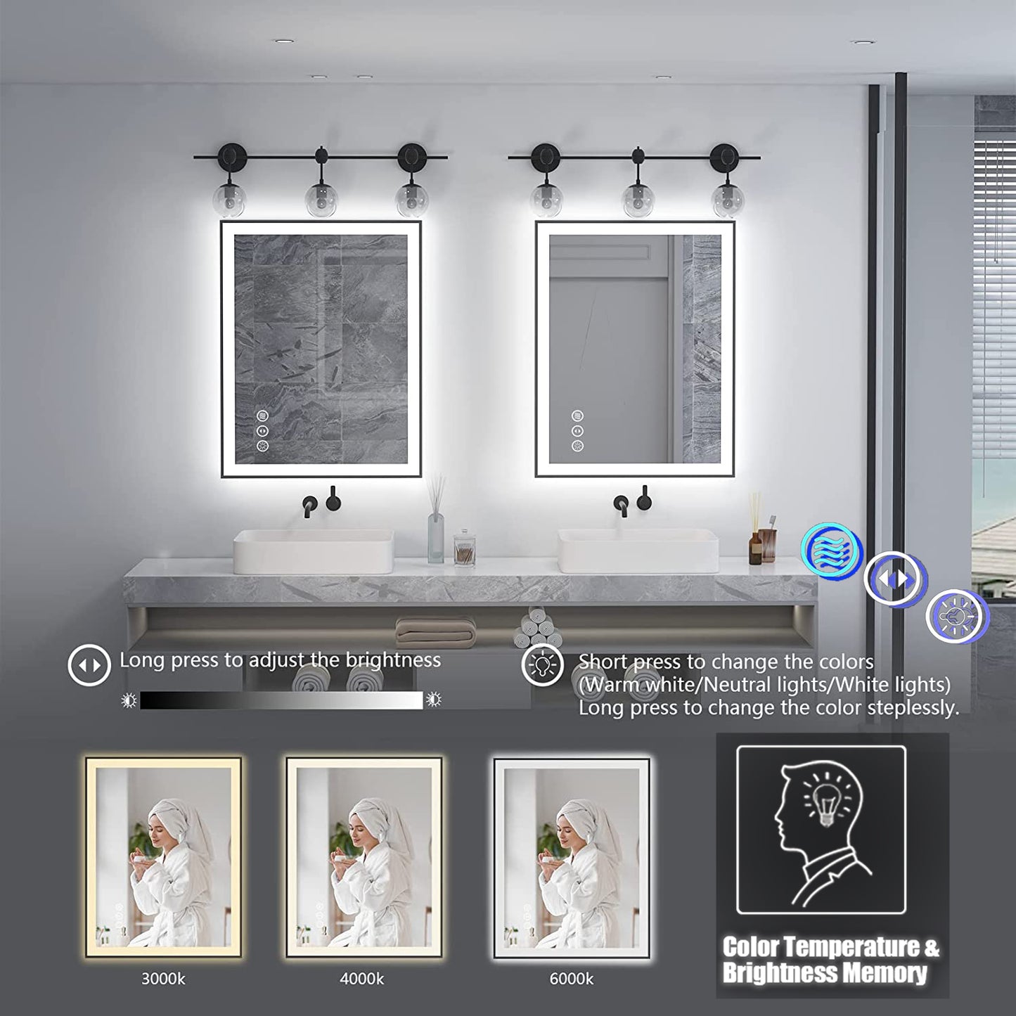 Waterpar® 32 in. W x 24 in. H Rectangular Framed Anti-Fog LED Wall Bathroom Vanity Mirror in Black with Backlit and Front Light