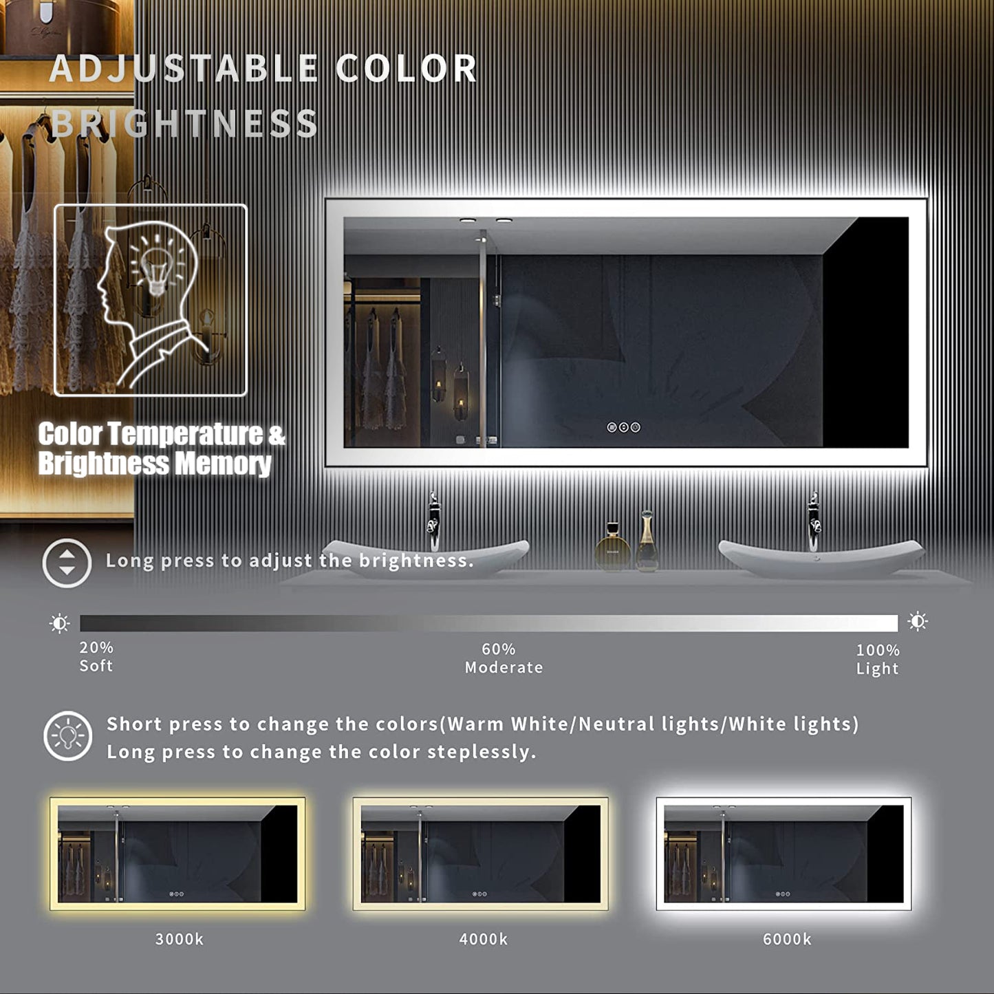 Waterpar® 60 in. W x 28 in. H Rectangular Framed Anti-Fog LED Wall Bathroom Vanity Mirror in Black with Backlit and Front Light