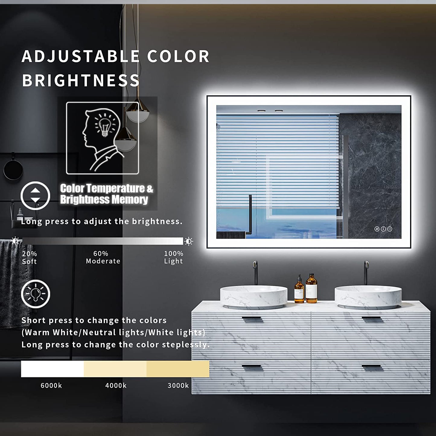 Waterpar® 48 in. W x 32 in. H Rectangular Framed Anti-Fog LED Wall Bathroom Vanity Mirror in Black with Backlit and Front Light