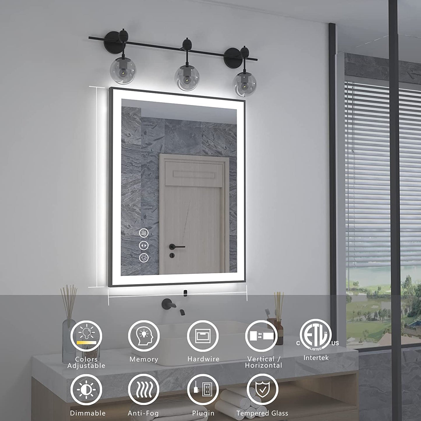 Waterpar® 32 in. W x 24 in. H Rectangular Framed Anti-Fog LED Wall Bathroom Vanity Mirror in Black with Backlit and Front Light