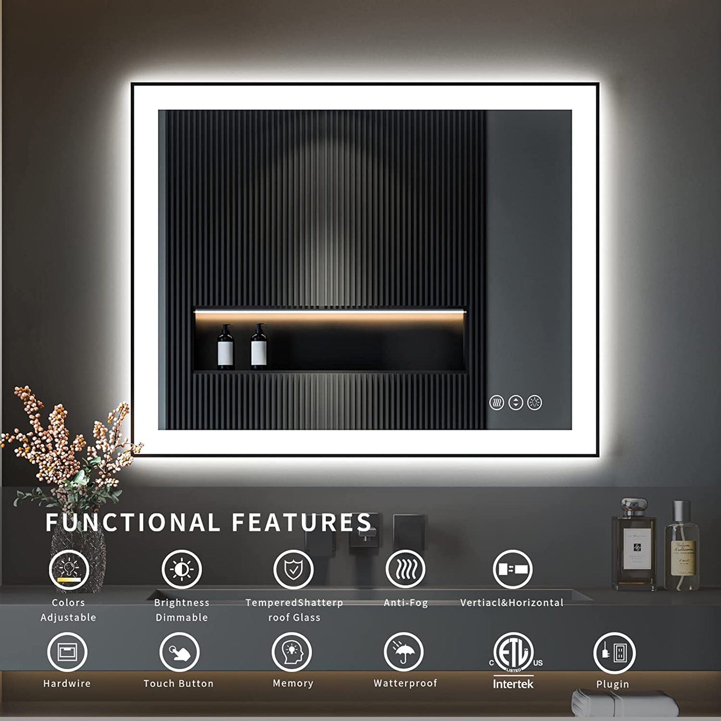 Waterpar® 40 in. W x 24 in. H Rectangular Framed Anti-Fog LED Wall Bathroom Vanity Mirror in Black with Backlit and Front Light