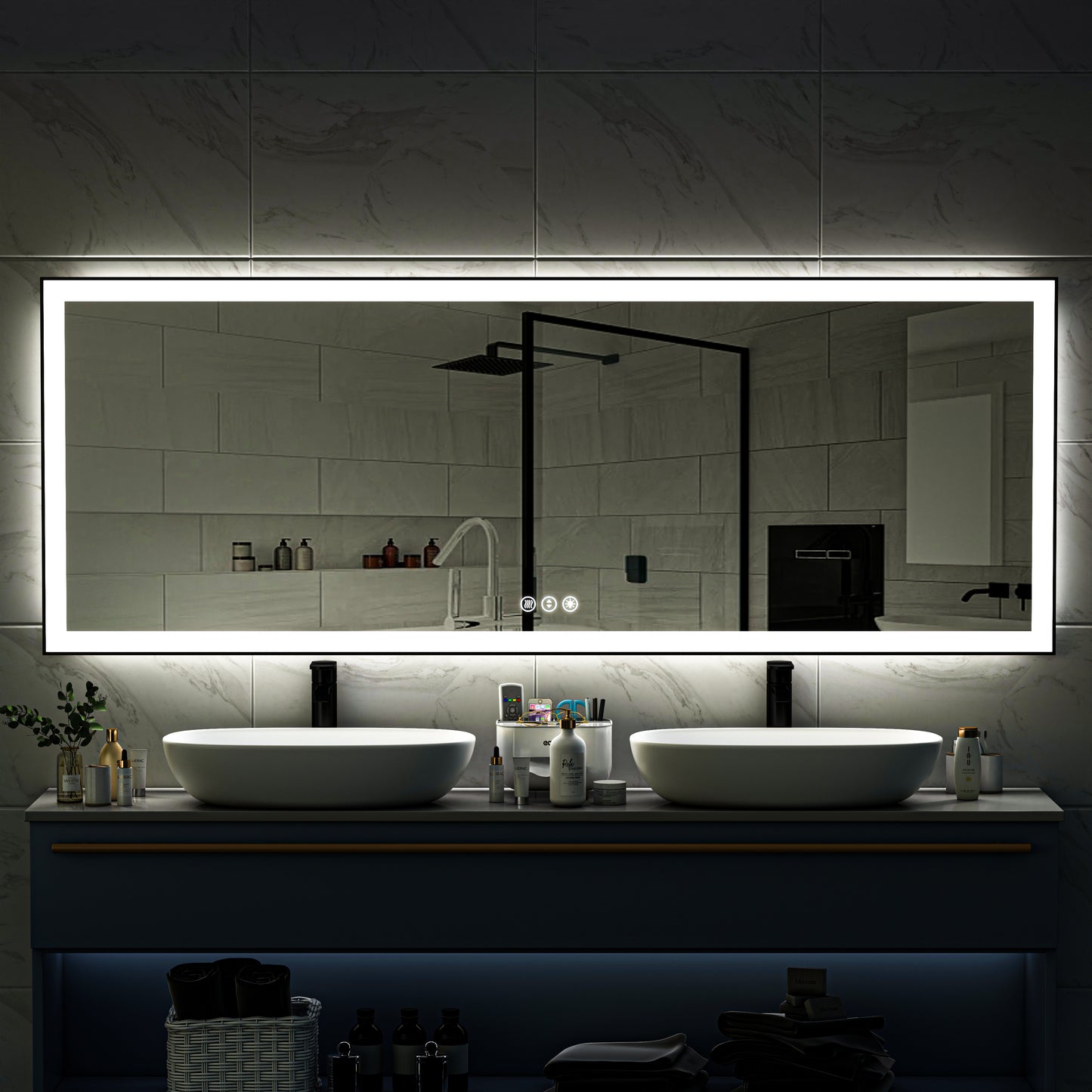 Waterpar® 96 in. W x 36 in. H Rectangular Framed Anti-Fog LED Wall Bathroom Vanity Mirror in Black with Backlit and Front Light