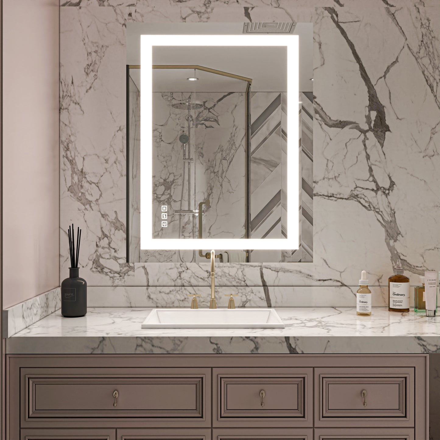 Waterpar® 36 in. W x 28 in. H LED Rectangular Frameless Anti-Fog Wall Bathroom Mirror Front Light