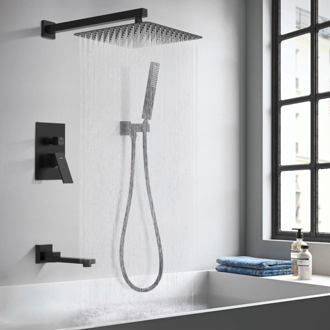 Waterpar®  1-Spray Square Shower System Fixed Shower Head and Tub Faucet with Hand Shower in Matte Black (Valve Included)