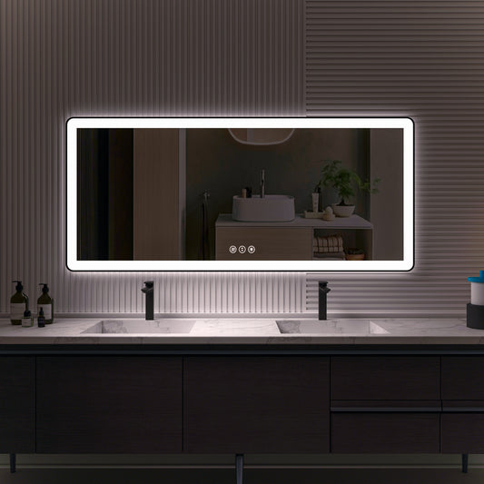 Waterpar®  72 in. W x 32 in. H Rectangular Framed Anti-Fog LED Wall Bathroom Vanity Mirror in Black with Backlit and Front Light