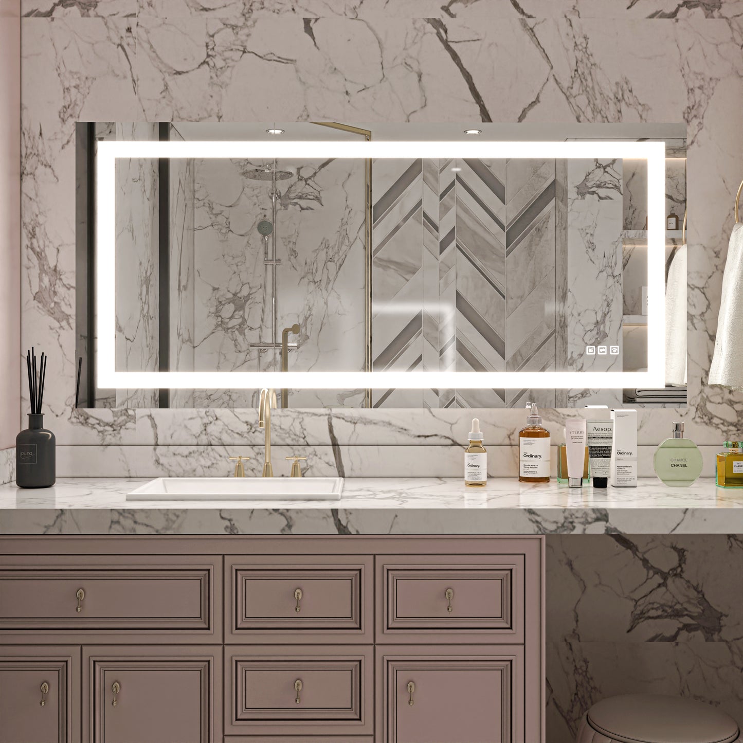 Waterpar® 60 in. W x 28 in. H Rectangular Frameless Anti-Fog LED Wall Bathroom Vanity Mirror with Front Light