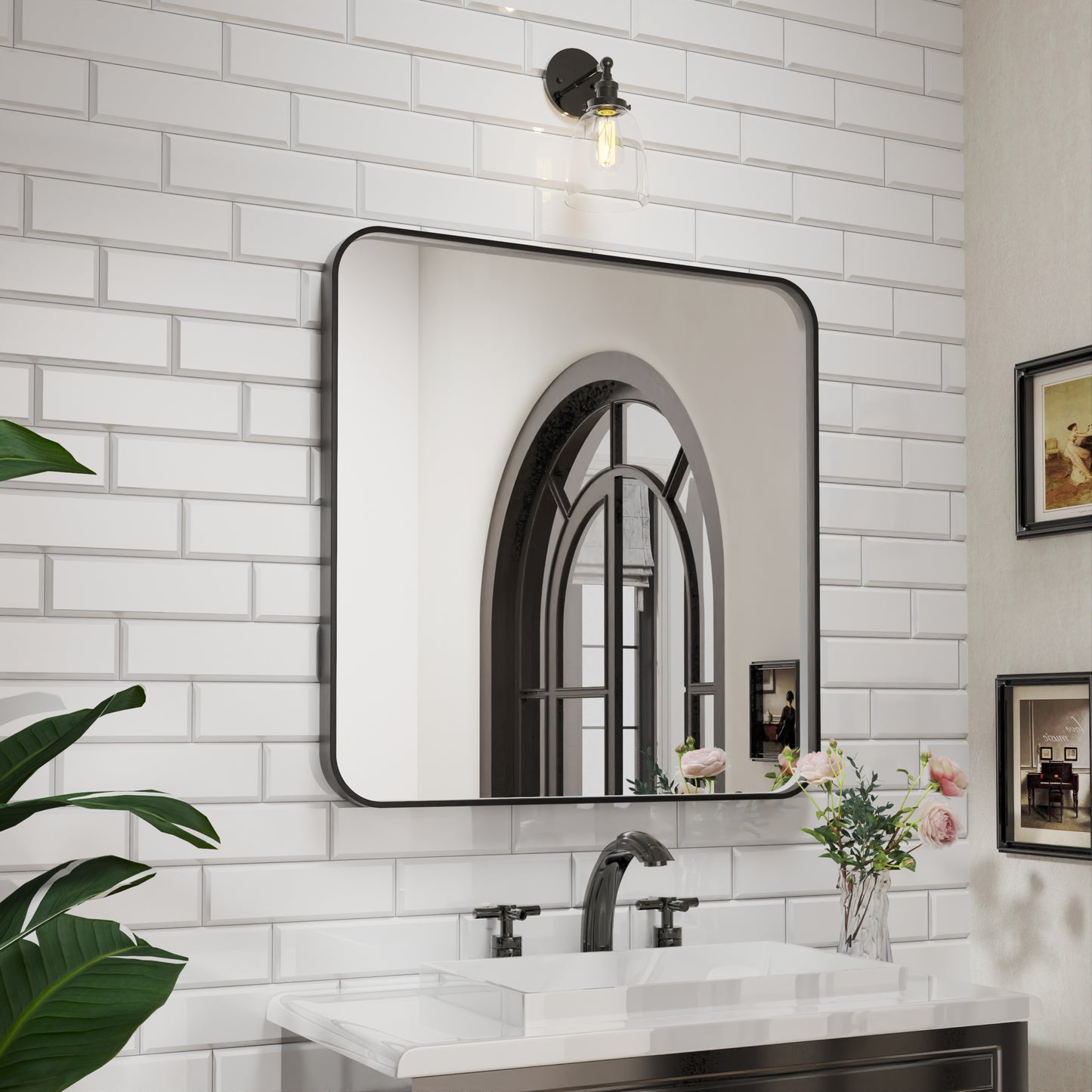 Waterpar® 36 in. W x 36 in. H Rectangular Aluminum Framed Wall Bathroom Vanity Mirror in Black