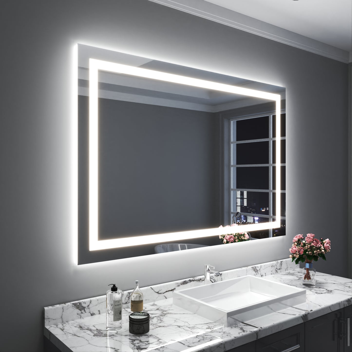Waterpar® 60 in. W x 40 in. H Rectangular Frameless Wall Bathroom Vanity Mirror with Backlit and Front Light