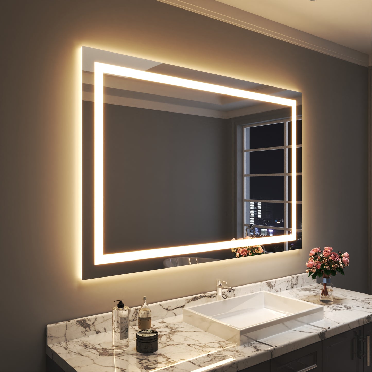 Waterpar® 60 in. W x 40 in. H Rectangular Frameless Wall Bathroom Vanity Mirror with Backlit and Front Light