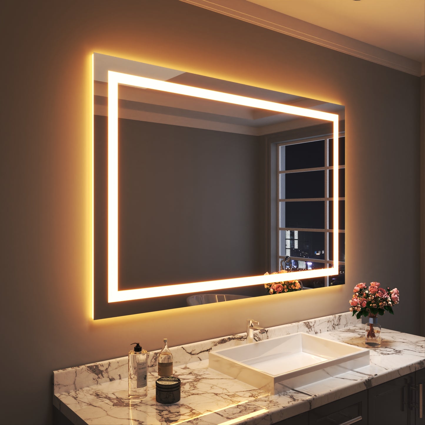 Waterpar® 60 in. W x 40 in. H Rectangular Frameless Wall Bathroom Vanity Mirror with Backlit and Front Light