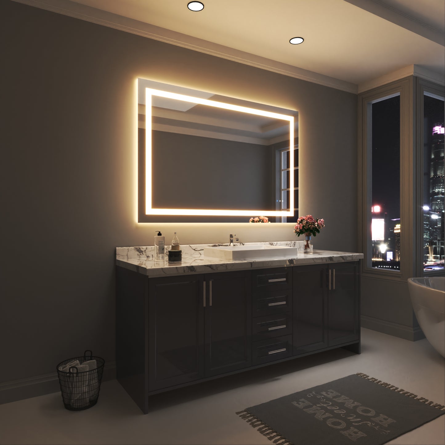 Waterpar® 60 in. W x 40 in. H Rectangular Frameless Wall Bathroom Vanity Mirror with Backlit and Front Light