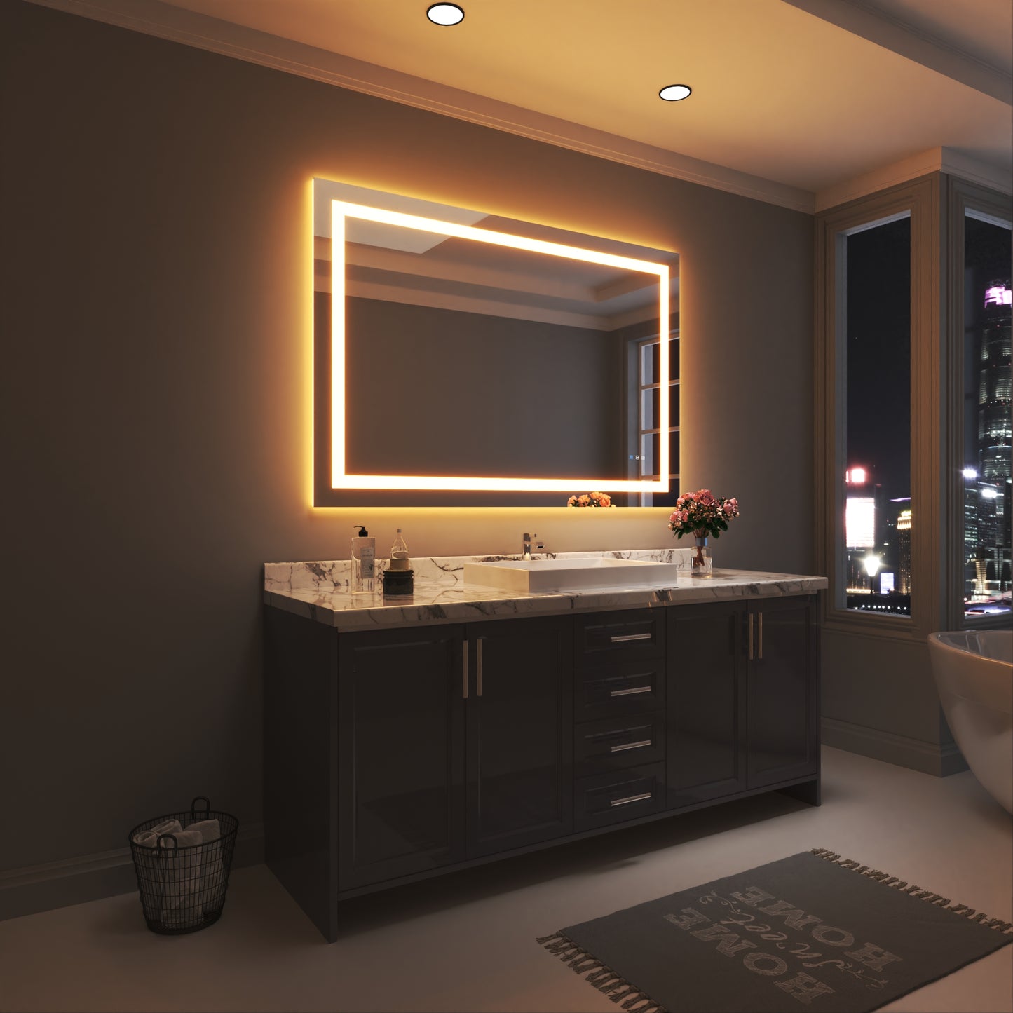 Waterpar® 60 in. W x 40 in. H Rectangular Frameless Wall Bathroom Vanity Mirror with Backlit and Front Light