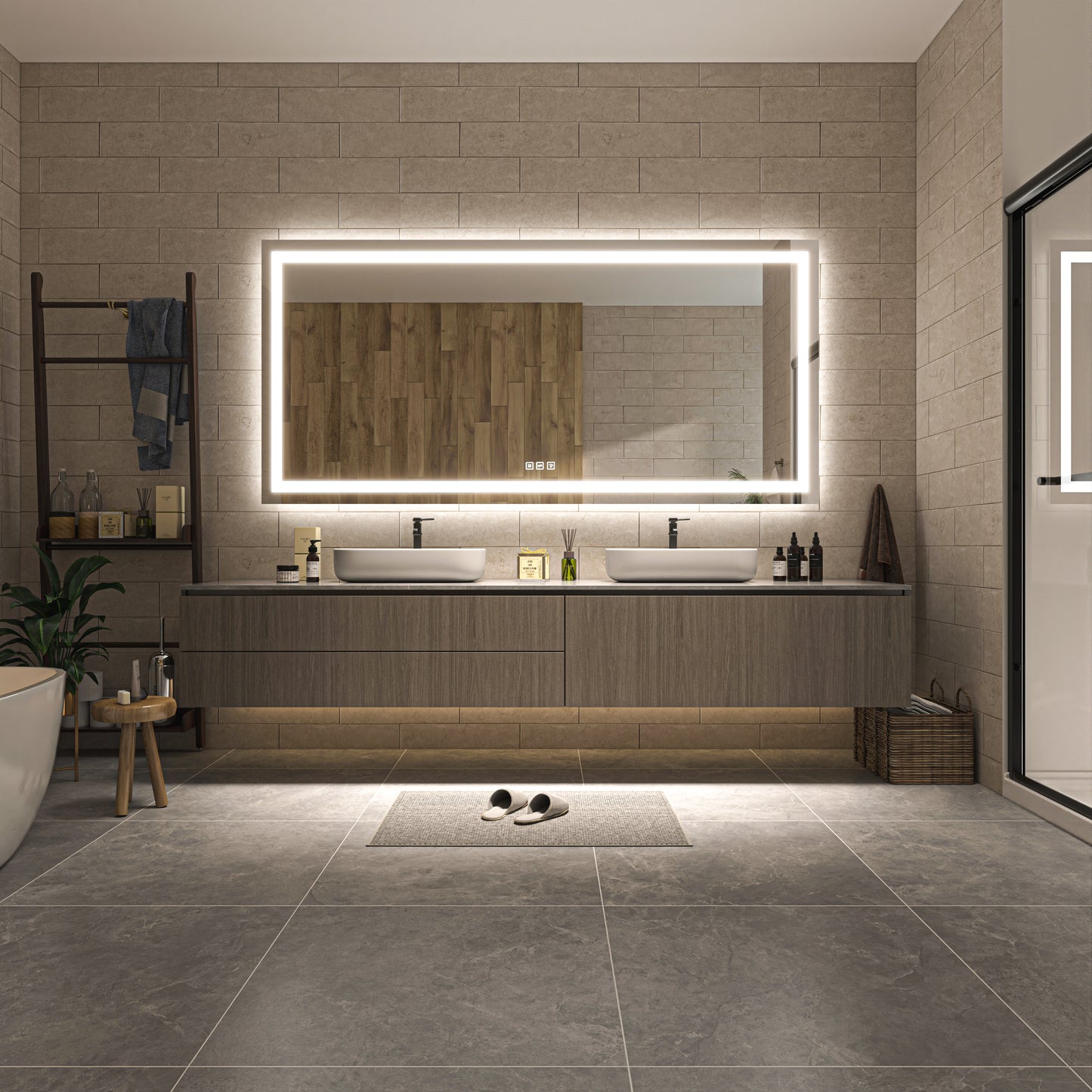 Waterpar® 84 in. W x 40 in. H Rectangular Frameless Wall Bathroom Vanity Mirror with Backlit and Front Light