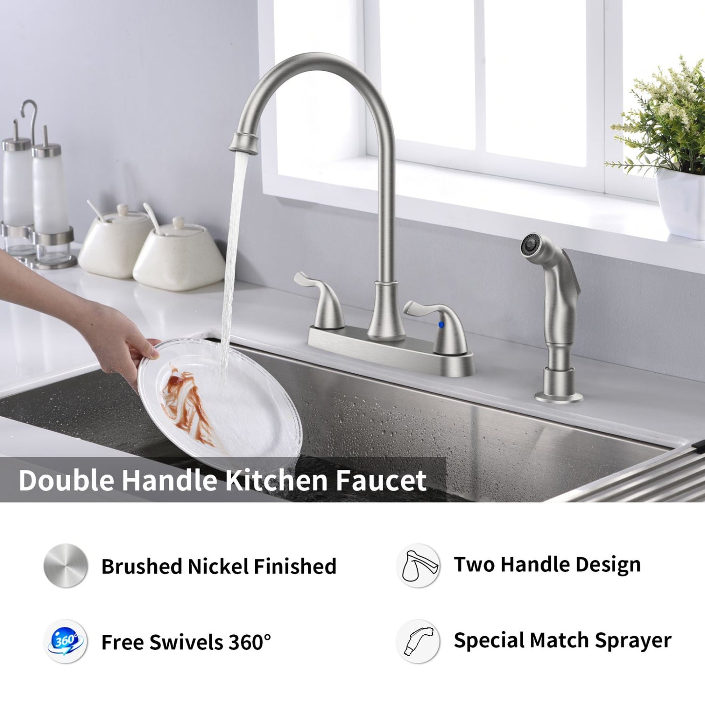 Waterpar® 2-Handle Kitchen Faucet with Pull Out Spray Wand in Brushed Nickel