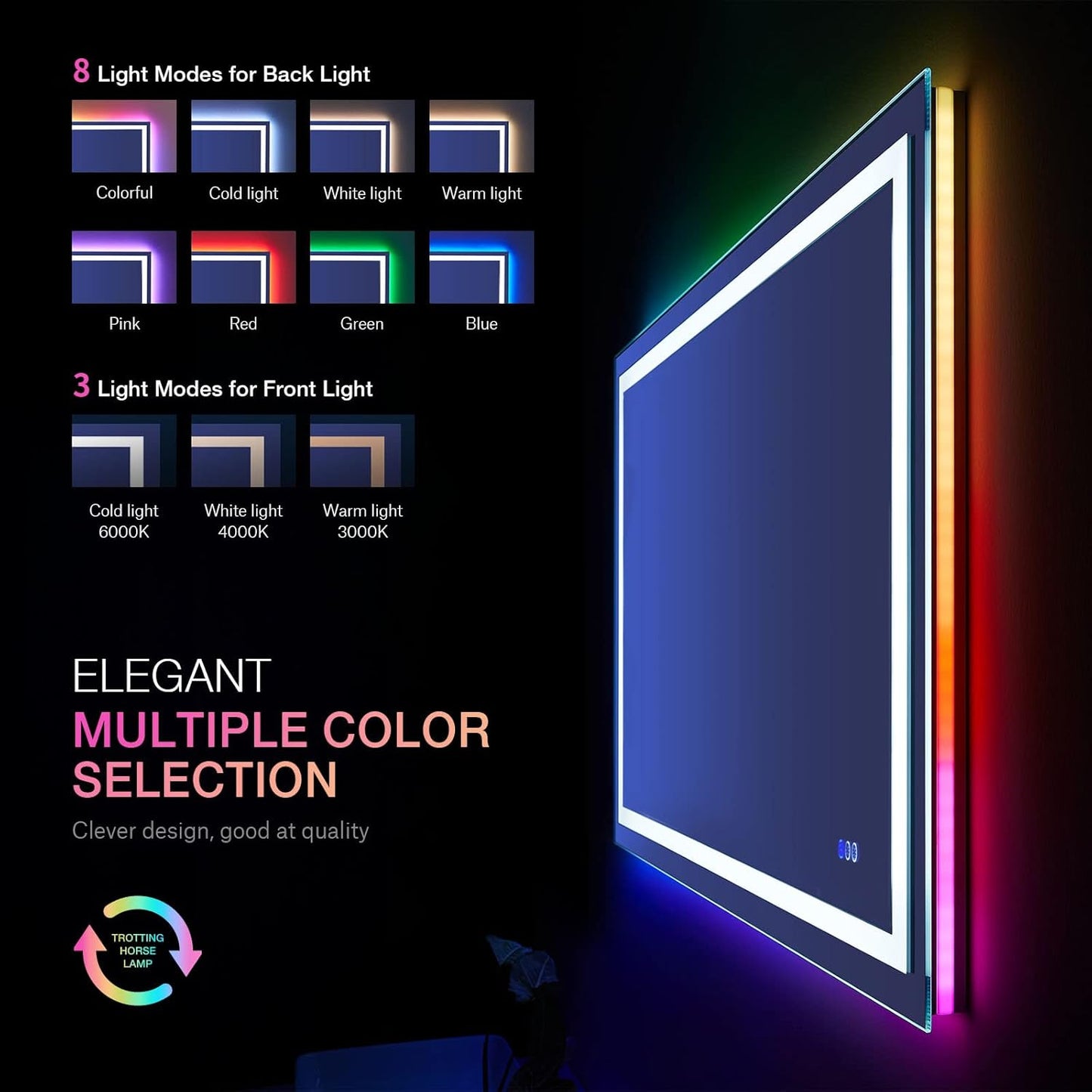 Waterpar® 48x36 in. Led Large Rectangular RGB Anti-Fog Bathroom Mirror Front & Backlit