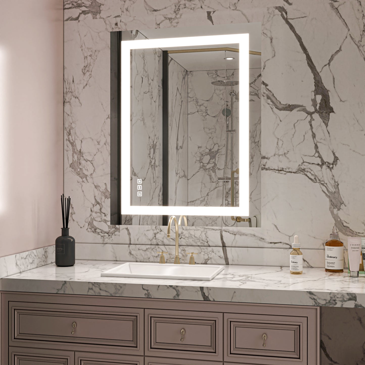 Waterpar® 36 in. W x 28 in. H LED Rectangular Frameless Anti-Fog Wall Bathroom Mirror Front Light