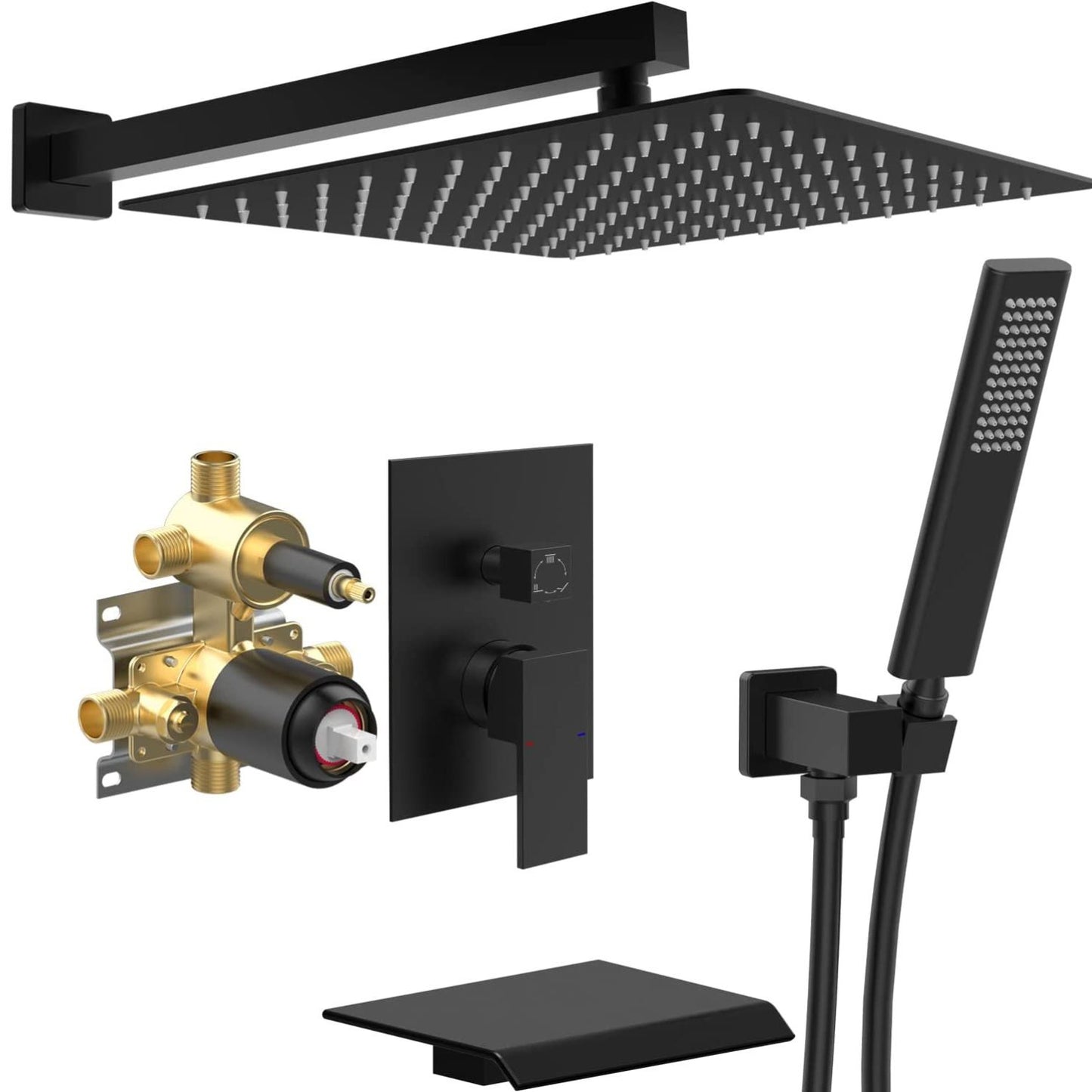 Waterpar®  1-Spray Square Shower System Fixed Shower Head and Tub Faucet with Hand Shower in Matte Black (Valve Included)