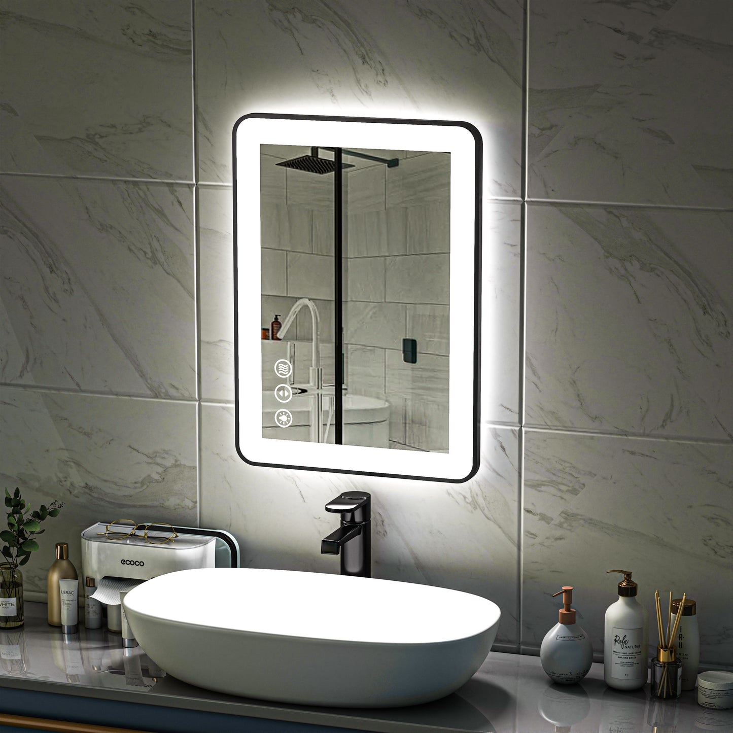 Waterpar® 20 in. W x 28 in. H Rectangular Framed Anti-Fog LED Wall Bathroom Vanity Mirror in Black with Backlit and Front Light