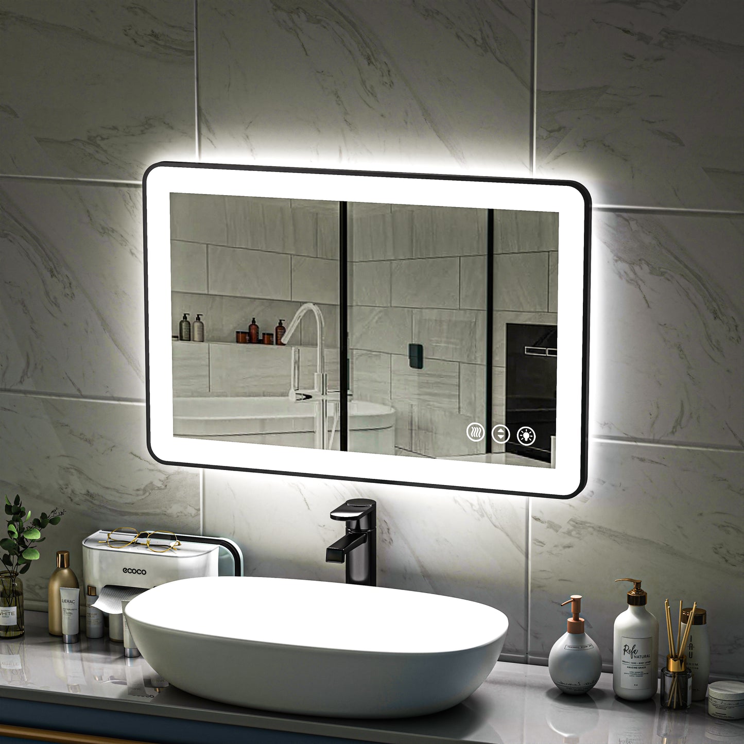 Waterpar® 24 in. W x 36 in. H Rectangular Framed Anti-Fog LED Wall Bathroom Vanity Mirror in Black with Backlit and Front Light