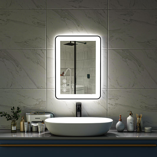 Waterpar® 20 in. W x 28 in. H Rectangular Framed Anti-Fog LED Wall Bathroom Vanity Mirror in Black with Backlit and Front Light