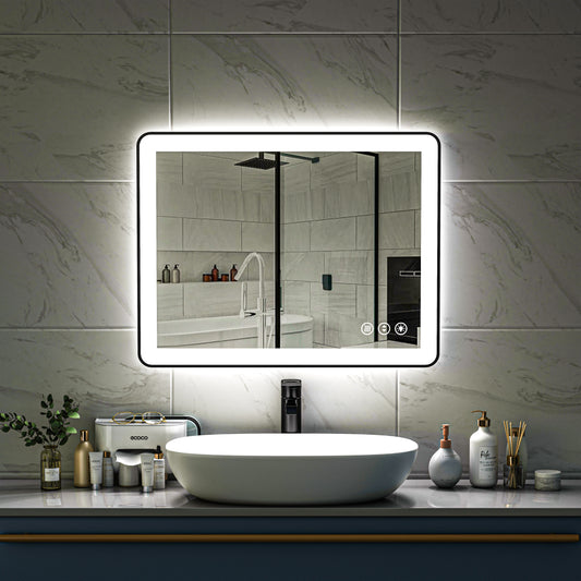 Waterpar® 28 in. W x 36 in. H Rectangular Framed Anti-Fog LED Wall Bathroom Vanity Mirror in Black with Backlit and Front Light