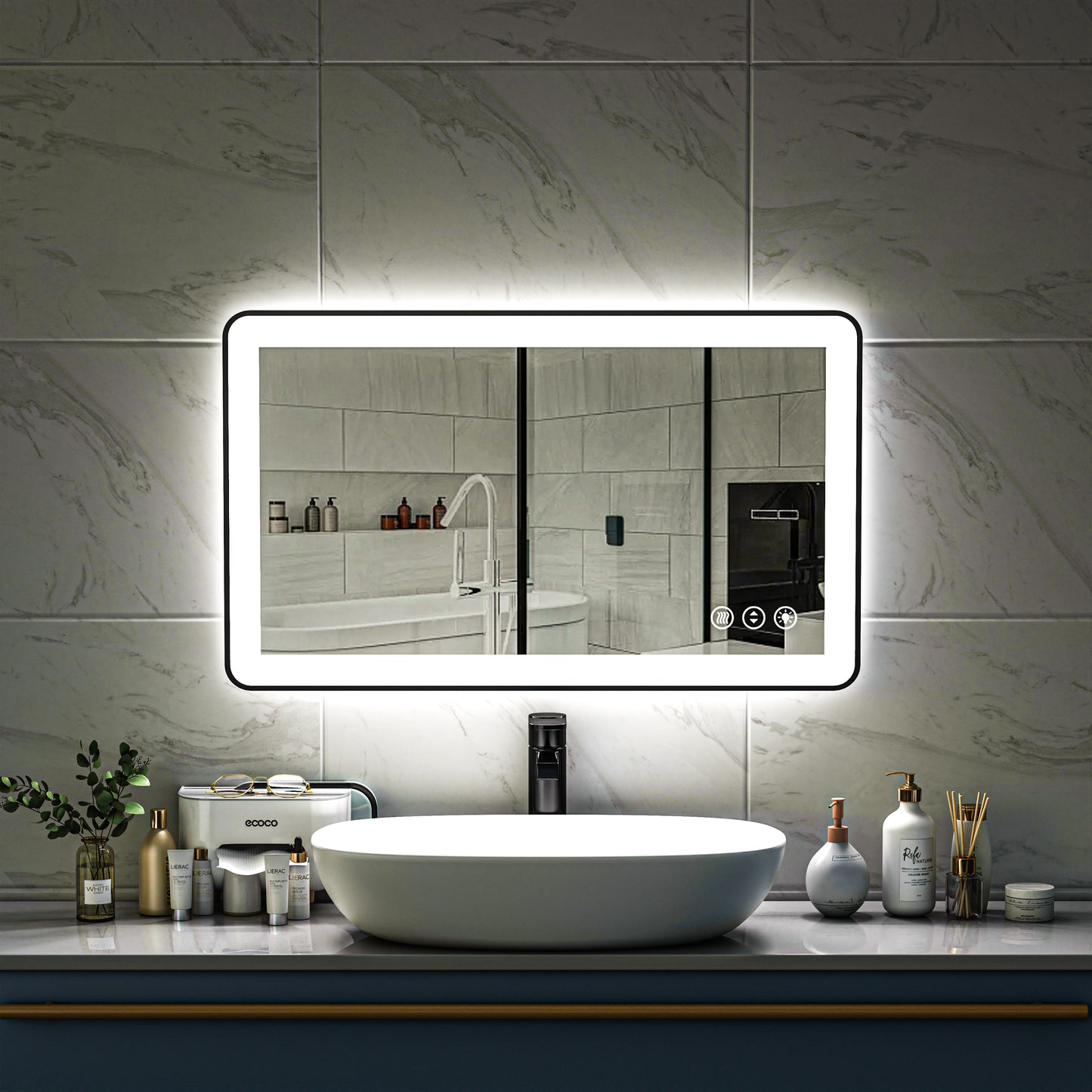 Waterpar®  40 in. W x 24 in. H Rectangular Framed Anti-Fog LED Wall Bathroom Vanity Mirror in Black with Backlit and Front Light