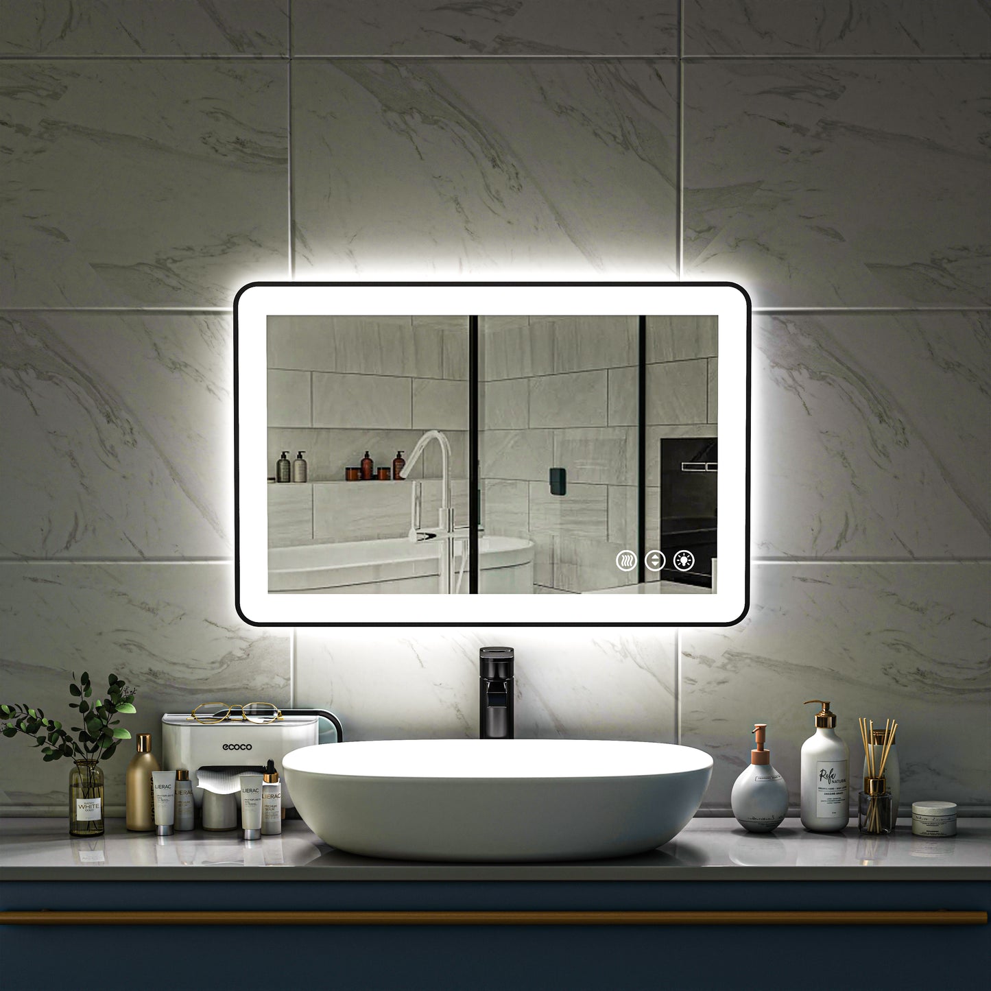 Waterpar® 24 in. W x 36 in. H Rectangular Framed Anti-Fog LED Wall Bathroom Vanity Mirror in Black with Backlit and Front Light