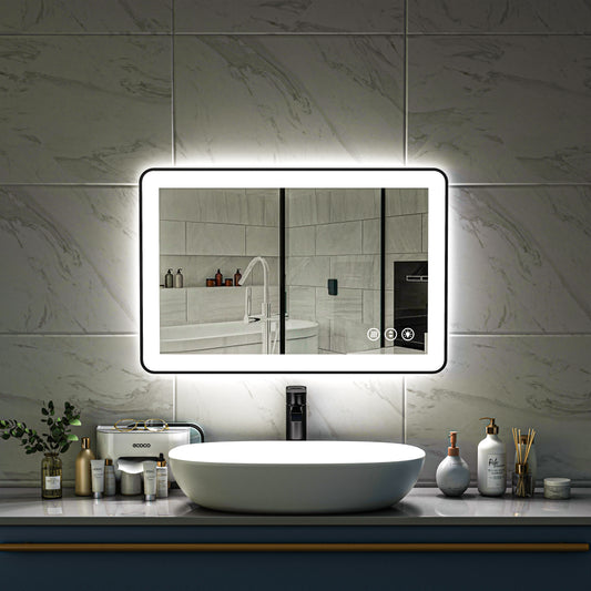 Waterpar® 24 in. W x 36 in. H Rectangular Framed Anti-Fog LED Wall Bathroom Vanity Mirror in Black with Backlit and Front Light