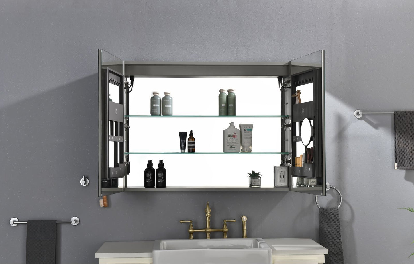 Waterpar® 46 in. W x 36 in. H Rectangular LED Aluminum Recessed/Surface Mount Medicine Cabinet with Mirror