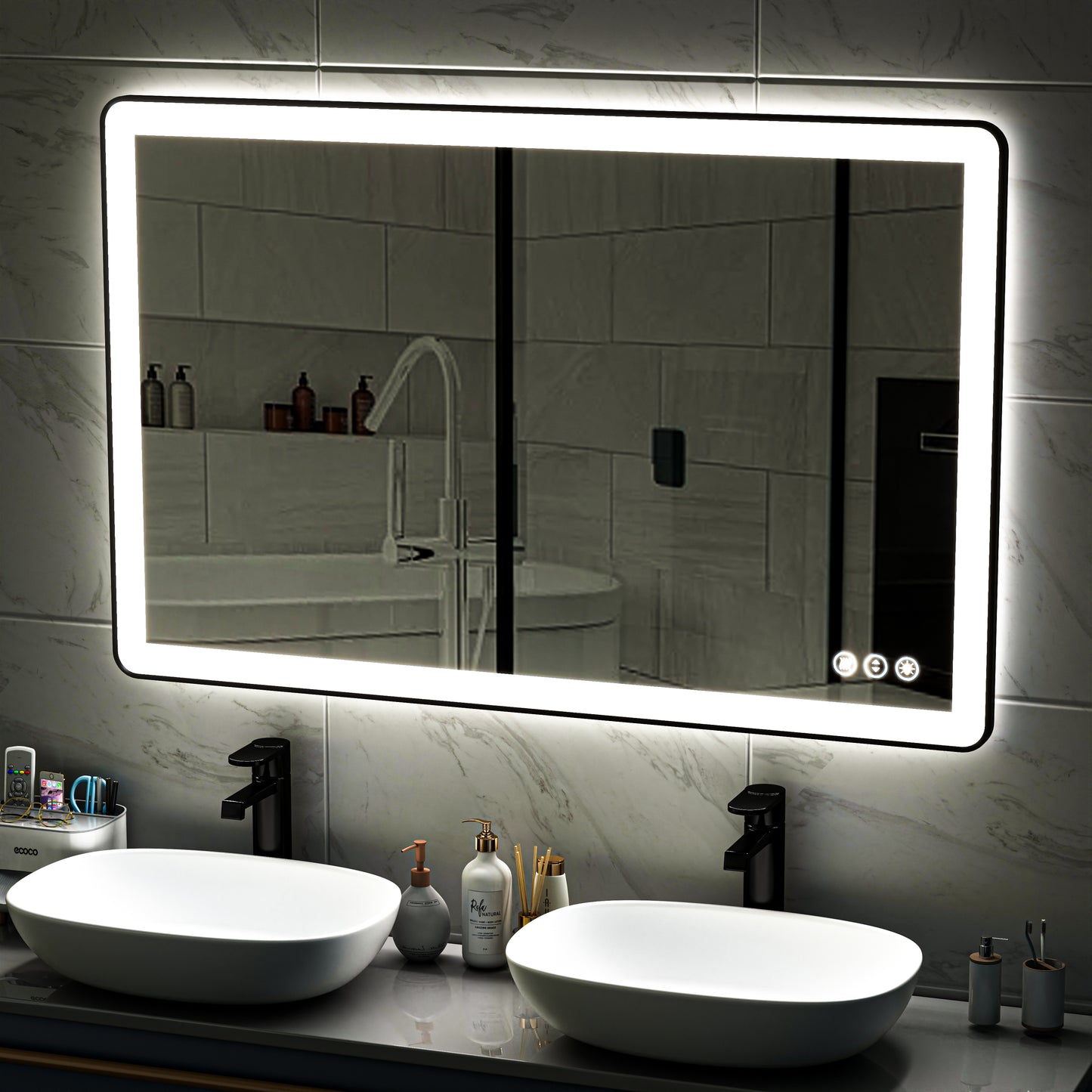 Waterpar® 55 in. W x 36 in. H Rectangular Framed Anti-Fog LED Wall Bathroom Vanity Mirror in Black with Backlit and Front Light