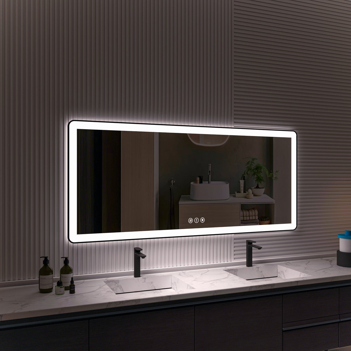 Waterpar® 72 in. W x 32 in. H Rectangular Framed Anti-Fog LED Wall Bathroom Vanity Mirror in Black with Backlit and Front Light