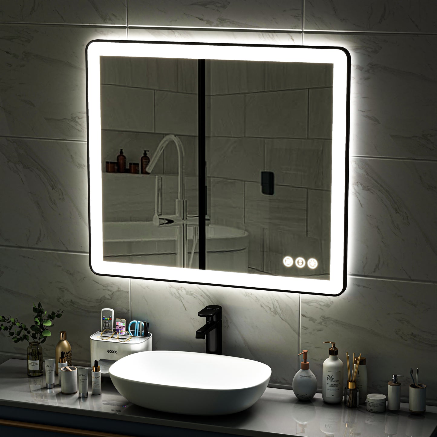 Waterpar® 40 in. W x 36 in. H Rectangular Framed Anti-Fog LED Wall Bathroom Vanity Mirror in Black with Backlit and Front Light