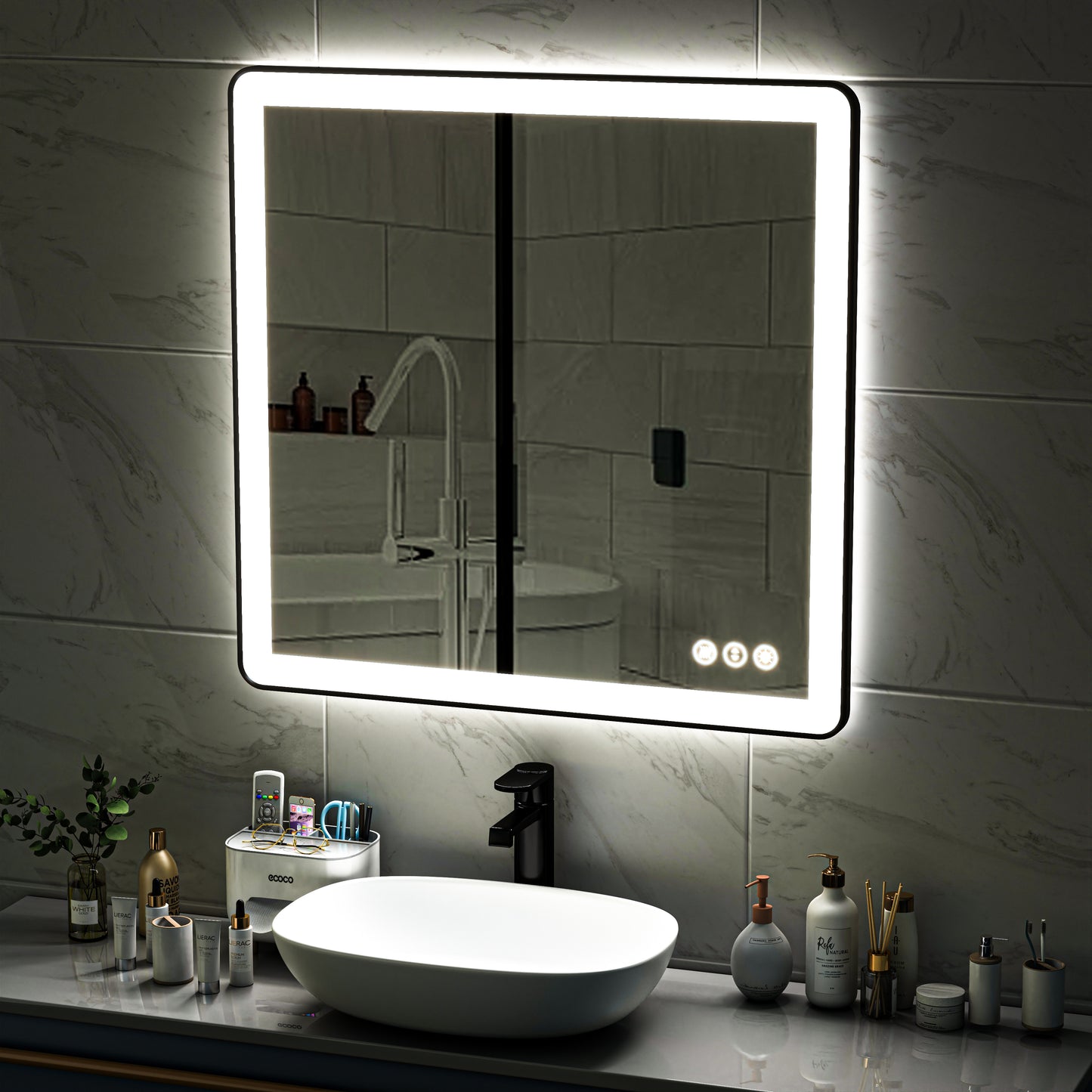 Waterpar® 38 in. W x 38 in. H Rectangular Framed Anti-Fog LED Wall Bathroom Vanity Mirror in Black with Backlit and Front Light