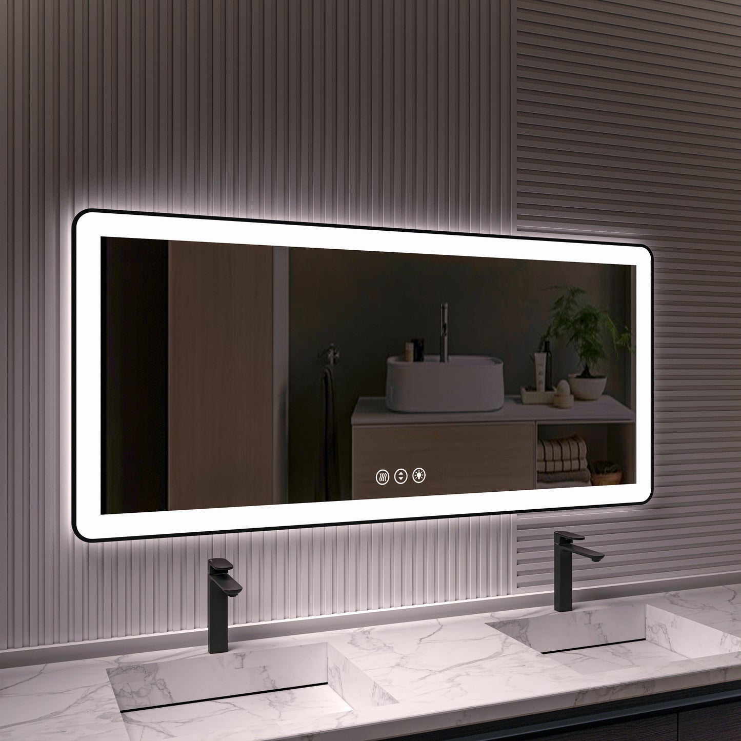 Waterpar® 60 in. W x 28 in. H Rectangular Framed Anti-Fog LED Wall Bathroom Vanity Mirror in Black with Backlit and Front Light