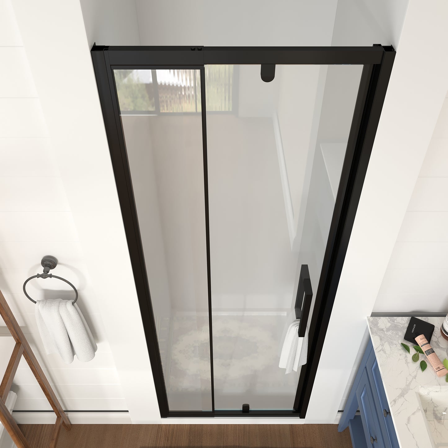 Waterper® 28 in. to 32 in. W x 72 in. H Framed Pivot Shower Door in Black with Clear Glass