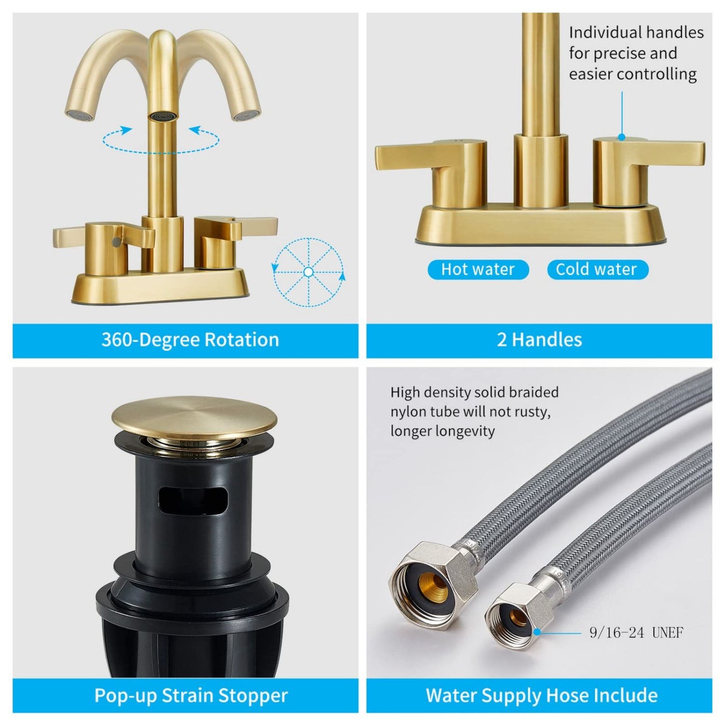 Waterpar® 4 in. Centerset Double Handle Bathroom Faucet with Supply Hose and Pop-up Drain