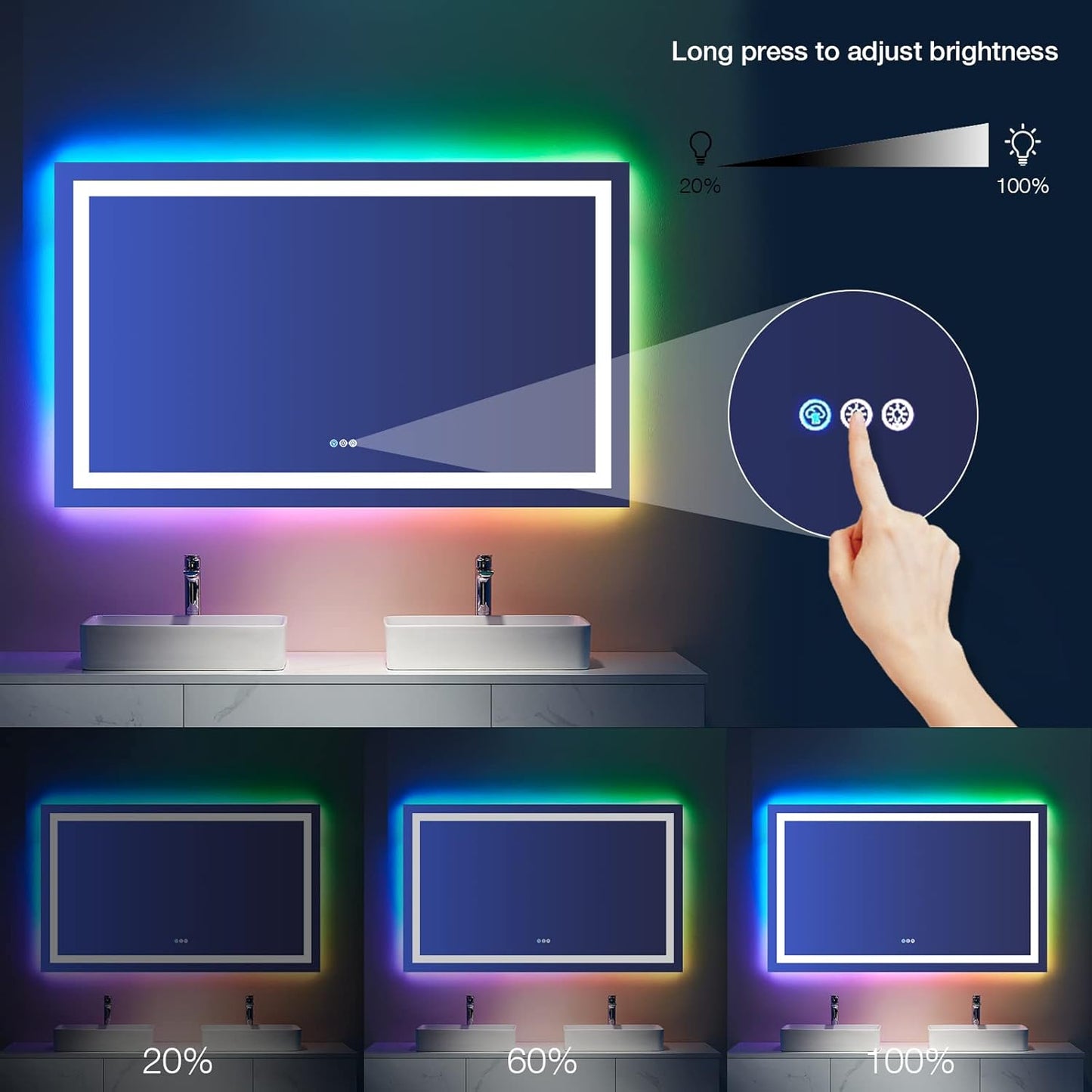 Waterpar® 48x36 in. Led Large Rectangular RGB Anti-Fog Bathroom Mirror Front & Backlit