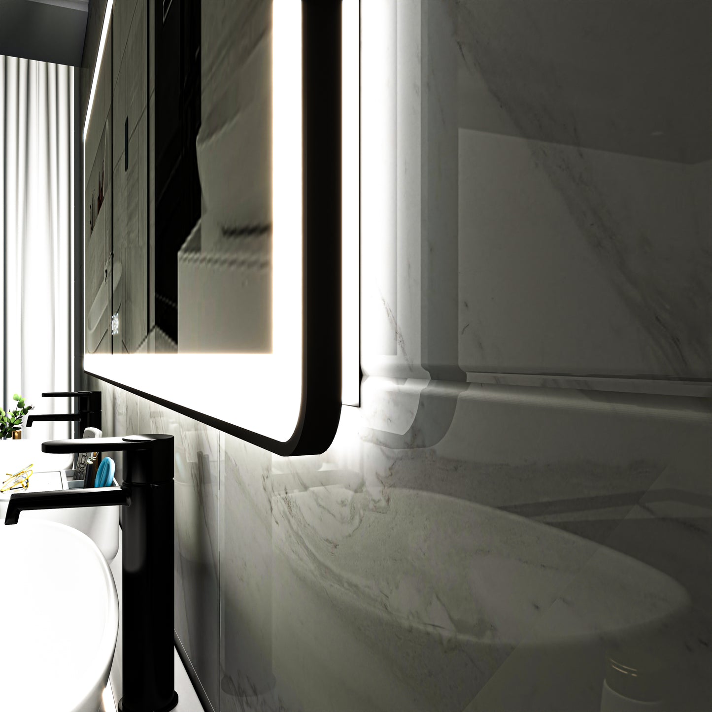 Waterpar® 84 in. W x 32 in. H Rectangular Framed Anti-Fog LED Wall Bathroom Vanity Mirror in Black with Backlit and Front Light