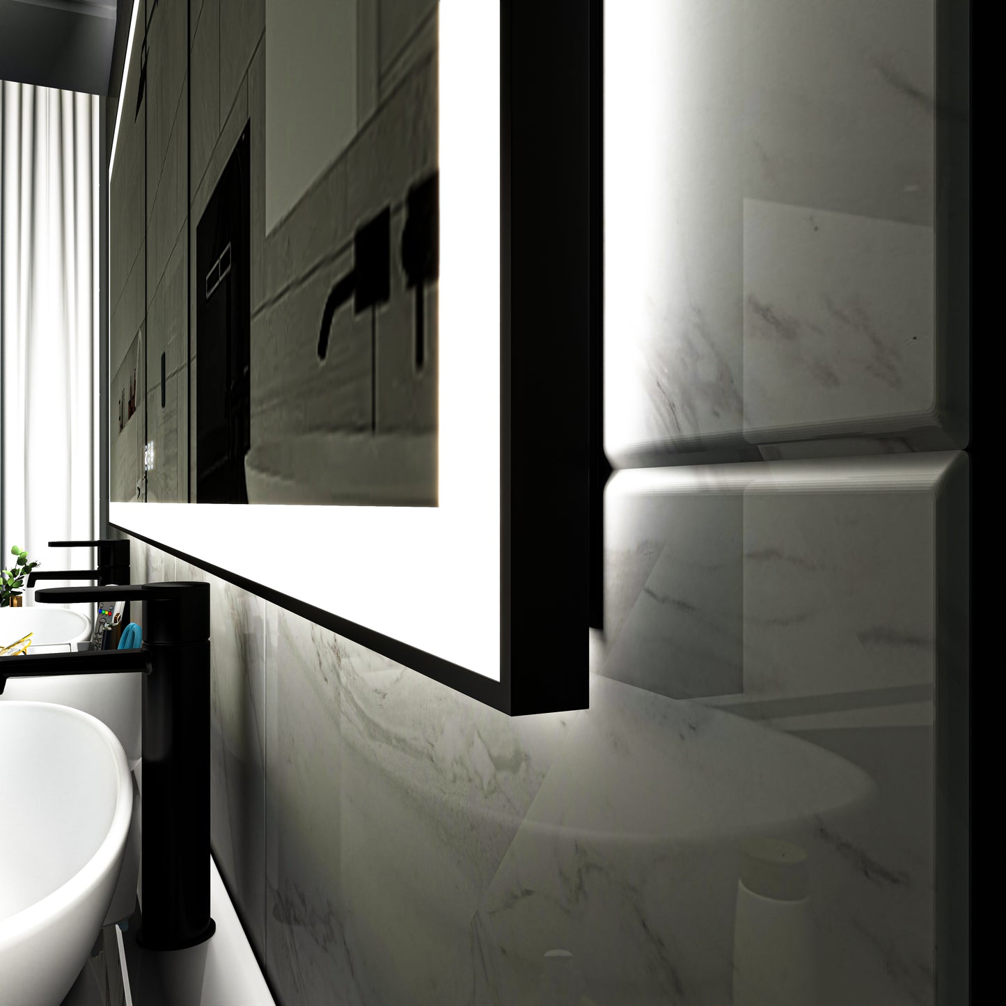 Waterpar® 96 in. W x 36 in. H Rectangular Framed Anti-Fog LED Wall Bathroom Vanity Mirror in Black with Backlit and Front Light