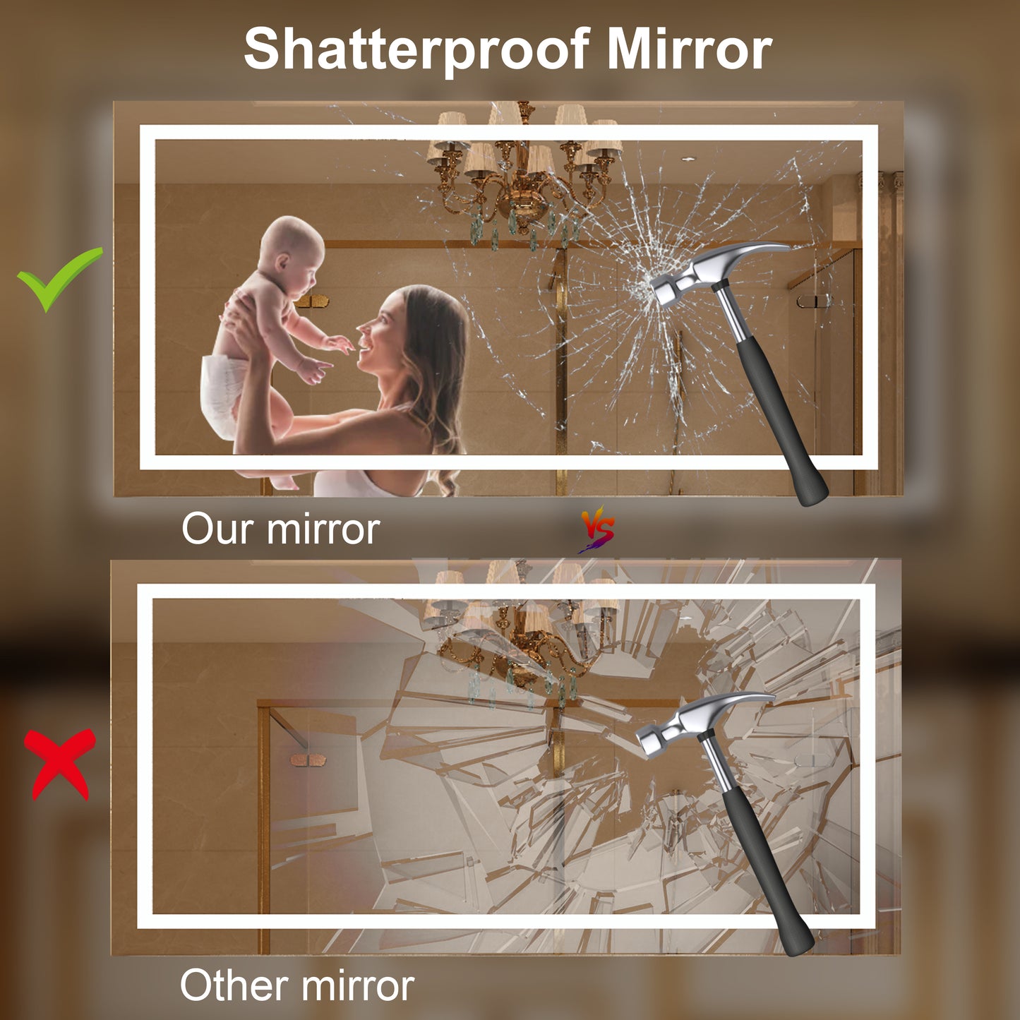 Waterpar® 60 in. W x 28 in. H Rectangular Frameless Anti-Fog LED Wall Bathroom Vanity Mirror with Front Light