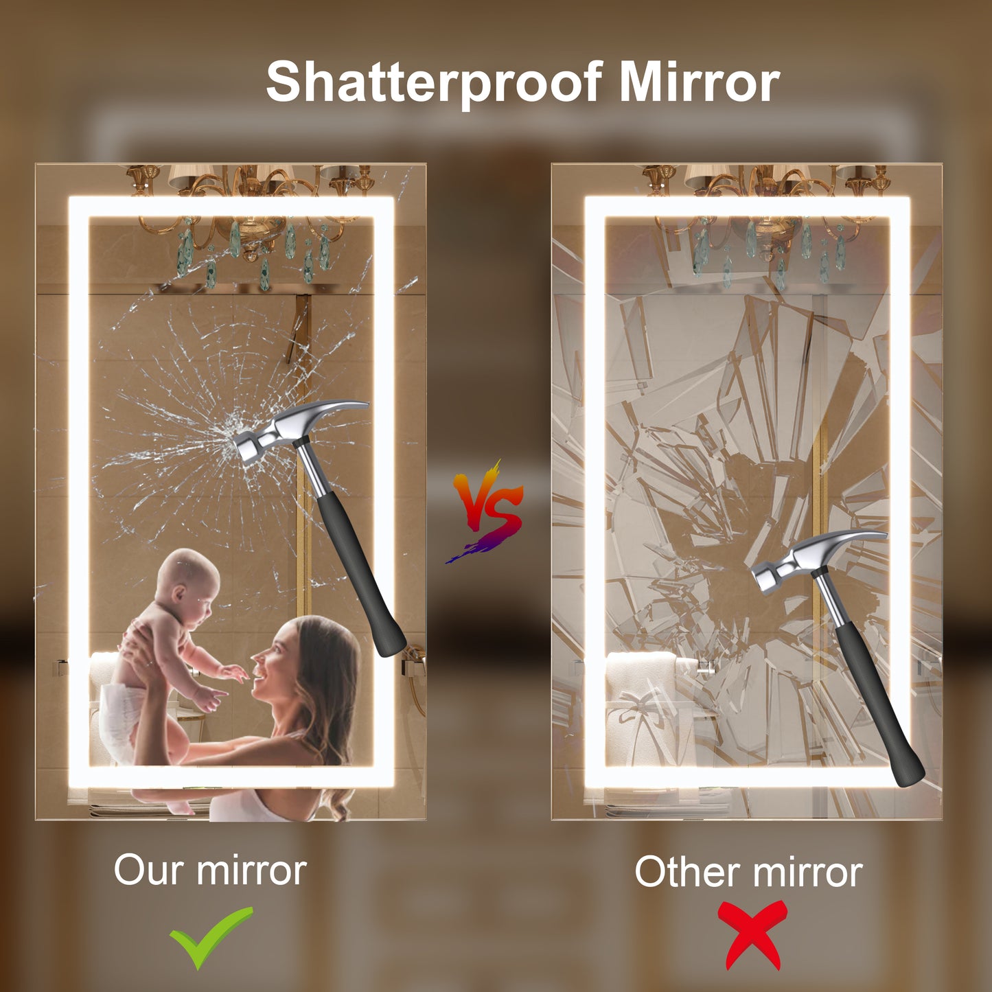 Waterpar® 30 in. W x 36 in. H LED Large Rectangular Frameless Anti-Fog Wall Bathroom Mirror Front Light