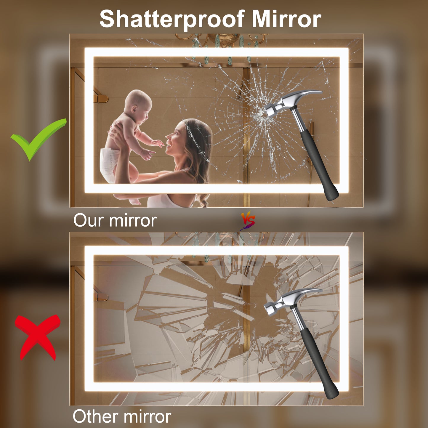 Waterpar® 40 in. W x 32 in. H LED Rectangular Frameless Anti-Fog Bathroom Mirror Front Light