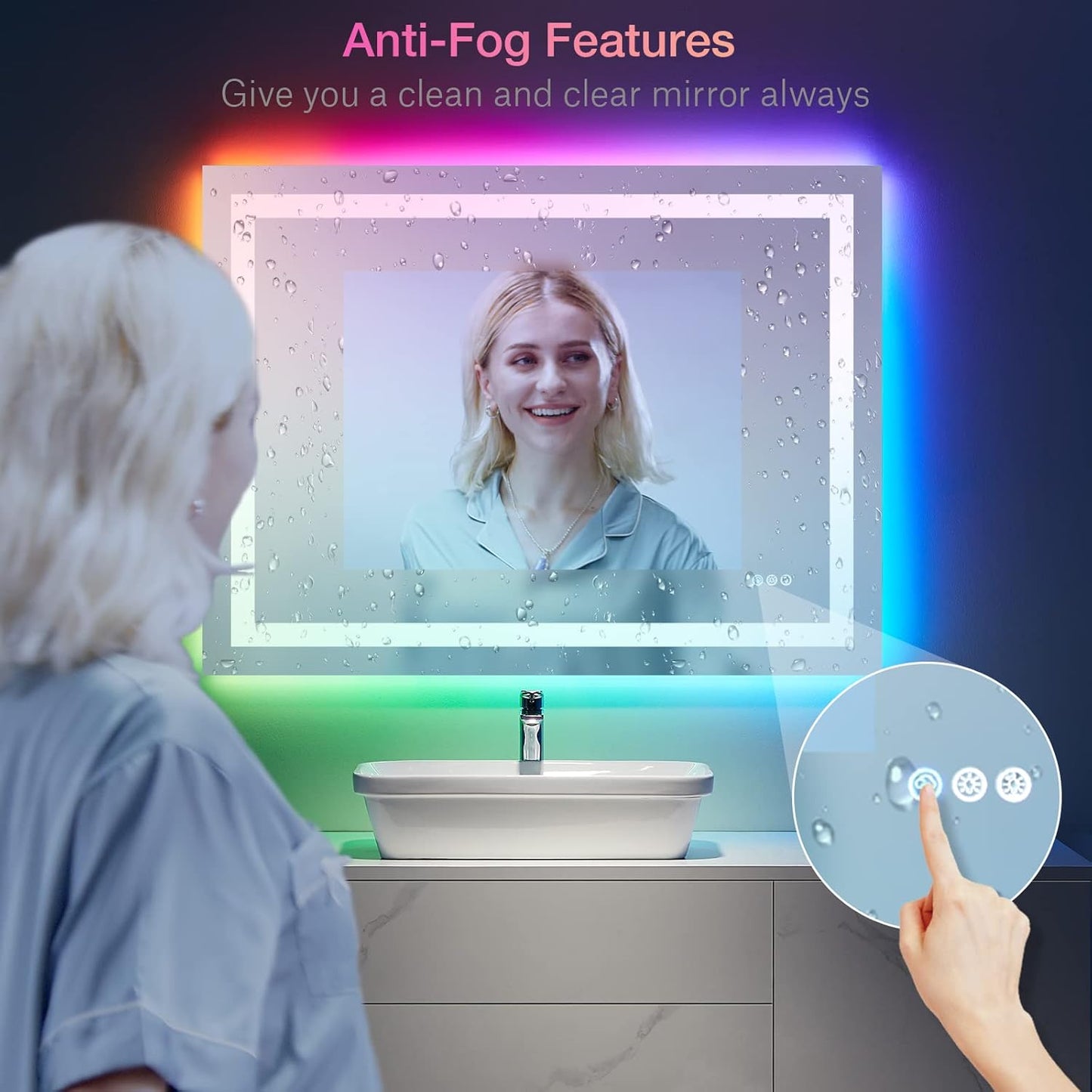 Waterpar® 48x36 in. Led Large Rectangular RGB Anti-Fog Bathroom Mirror Front & Backlit