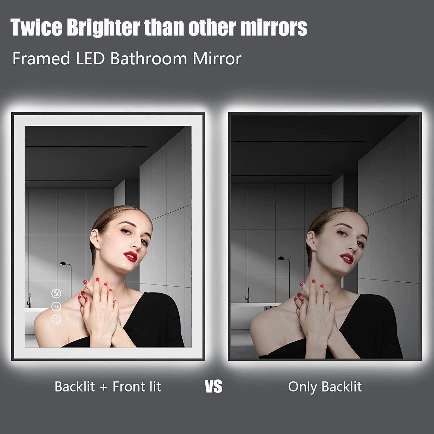 Waterpar® 32 in. W x 24 in. H Rectangular Framed Anti-Fog LED Wall Bathroom Vanity Mirror in Black with Backlit and Front Light