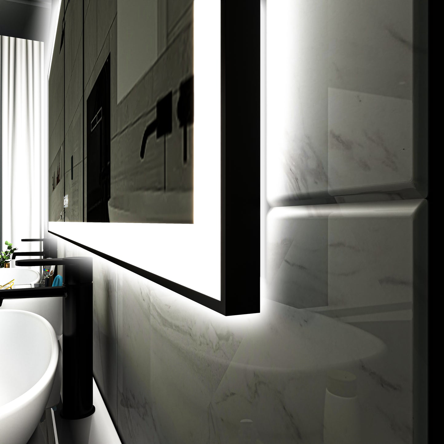 Waterpar® 96 in. W x 36 in. H Rectangular Framed Anti-Fog LED Wall Bathroom Vanity Mirror in Black with Backlit and Front Light