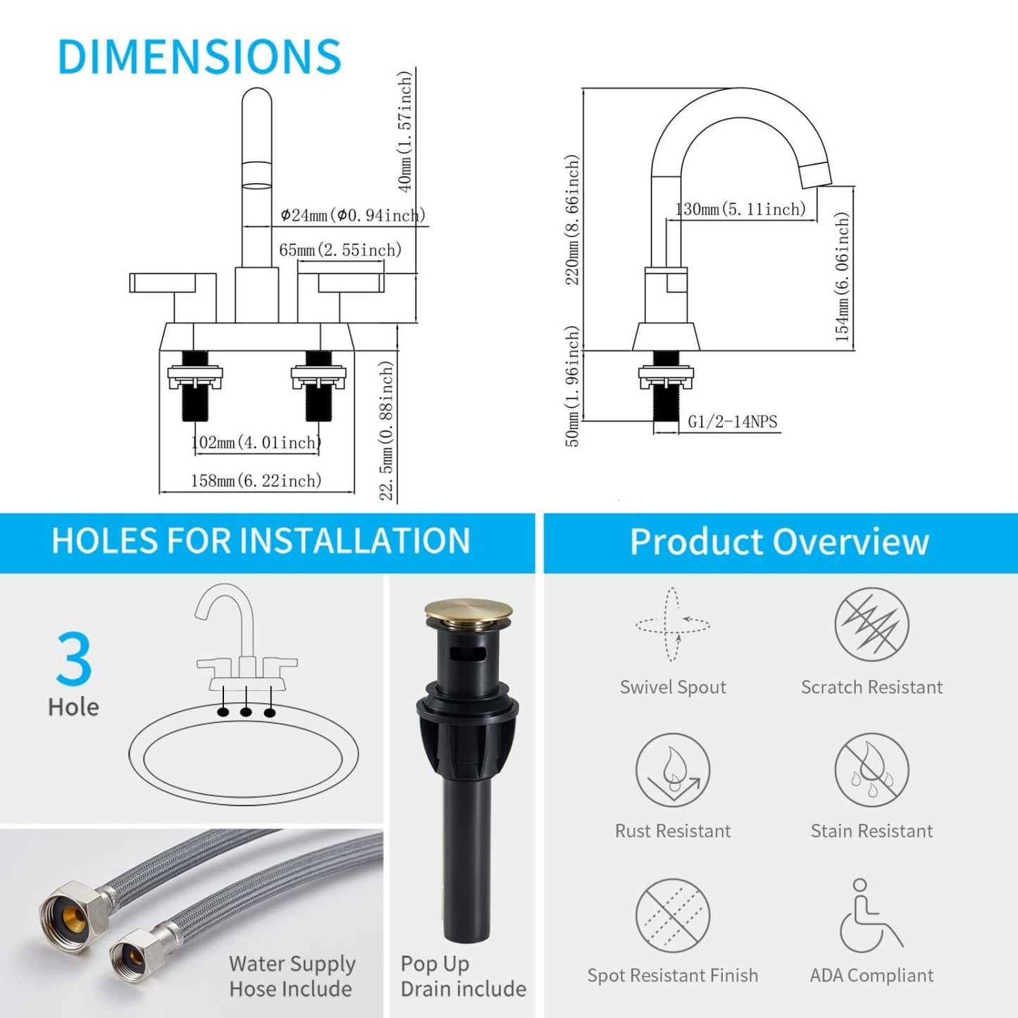 Waterpar® 4 in. Centerset Double Handle Bathroom Faucet with Supply Hose and Pop-up Drain