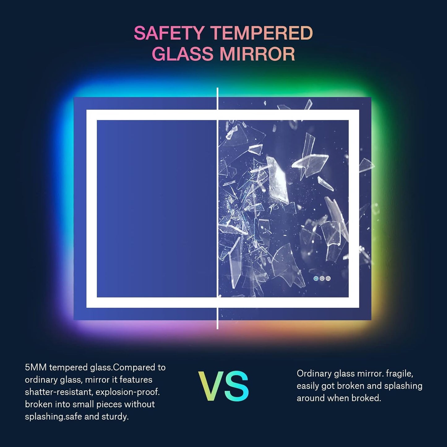 Waterpar® 48x36 in. Led Large Rectangular RGB Anti-Fog Bathroom Mirror Front & Backlit