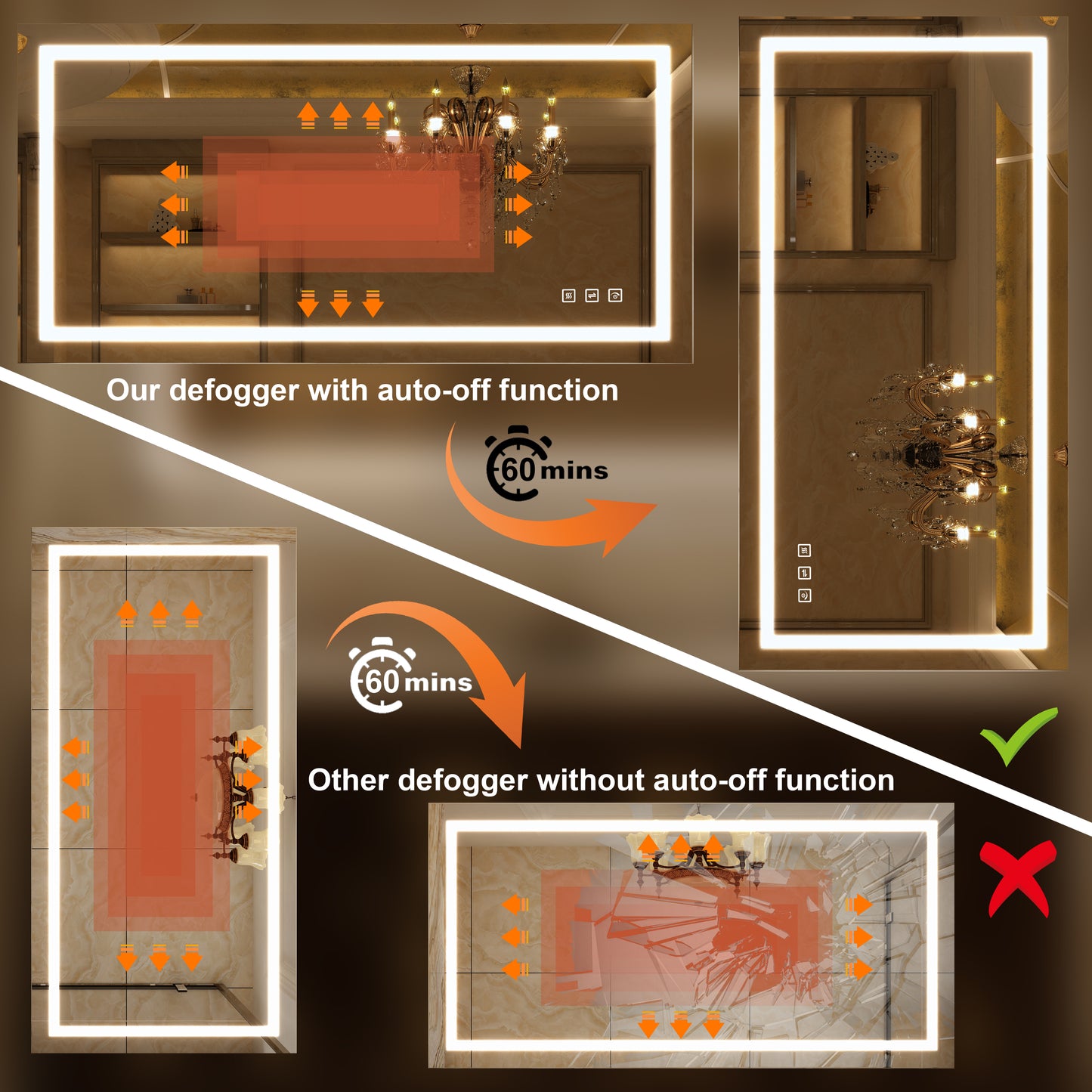 Waterpar® 60 in. W x 36 in. H Rectangular Frameless Anti-Fog LED Wall Bathroom Vanity Mirror with Front Light